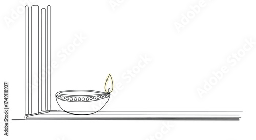 Elegant line art illustration of a traditional indian diya lamp with a flickering flame in a decorative corner element