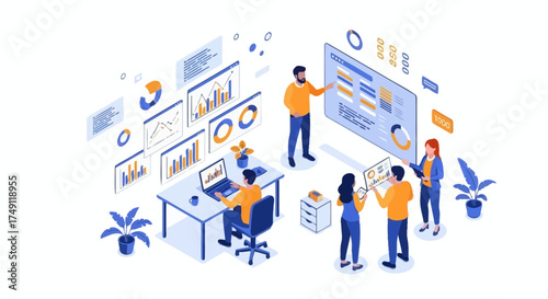 Team working on data analysis and business strategy, using charts and graphs to visualize information