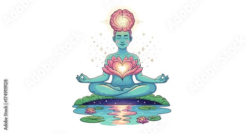 Spiritual illustration of a serene woman meditating in a lotus pose, connecting with cosmic energy through a glowing heart and enlightened mind