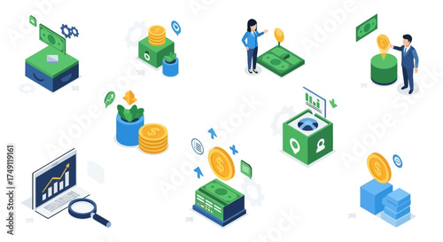 Isometric illustration depicting financial growth, investment, and digital currency concepts with modern technology integration