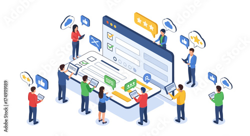 Digital collaboration and online service management with a team interacting on a browser and mobile screens, emphasizing user experience and social feedback
