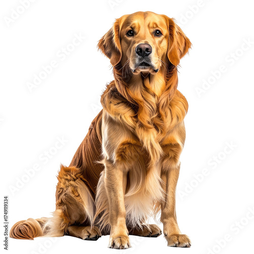 Majestic golden retriever, sitting, alert, with lush, flowing, golden fur. Isolated on black