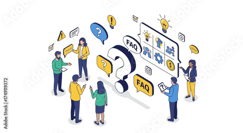 FAQ and Customer Support Consulting Team Discussion and Information Sharing with Question Marks