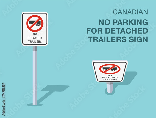 Traffic regulation rules. Isolated canadian "no parking for detached trailers" road sign. Front and top view. Flat vector illustration template.