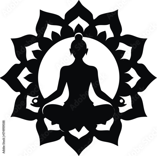 Elegant silhouette of a woman in lotus pose with intricate mandala design