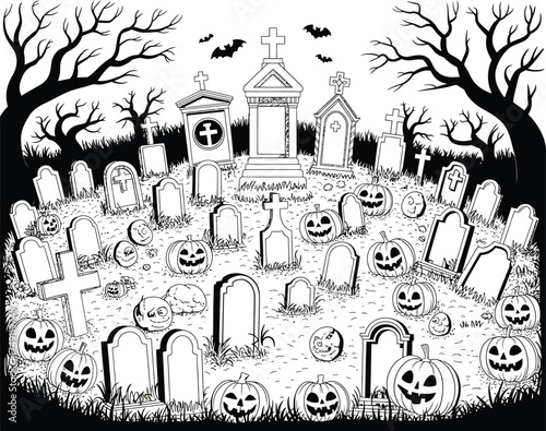 Spooky halloween graveyard scene with tombstones and jack o lanterns
