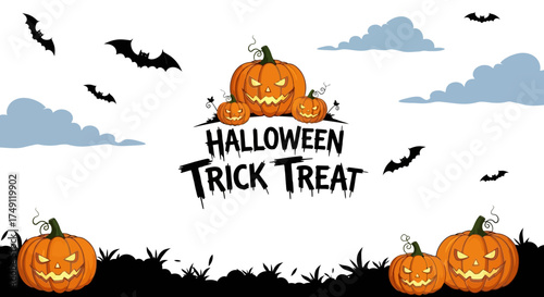 Happy Halloween Trick or Treat with spooky pumpkins, bats, and clouds for festive decoration
