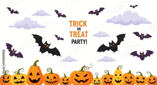 A festive Halloween party background featuring a border of spooky carved jack-o'-lanterns, flying bats, and purple clouds