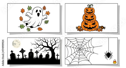Spooky Halloween Graphics Ghost, Jack-o'-lantern, Cemetery, and Spider Web Design