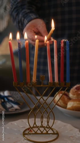 Vertical close up slowmo of hands of unrecognizable man holding burning shammash lighting up candles on hanukkiah, celebrating Hanukkah at home