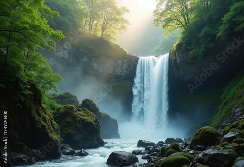 Enchanting Misty Waterfall Cascade over Rugged Rocks in a Serene Forest Landscape