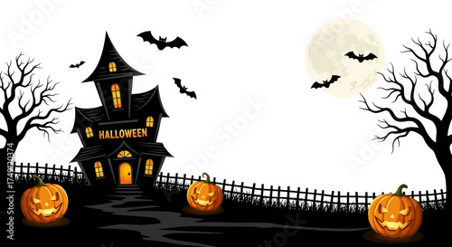 Eerie Halloween Night with Haunted House, Pumpkins, and Bats