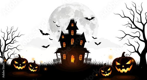 Eerie Halloween night scene with a haunted mansion silhouette, glowing jack-o'-lanterns, and bats flying in front of a full moon
