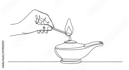 Close up of a hand holding a lit match igniting the wick of an antique oil lamp with a single flame