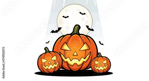 Spooky Halloween Night with Glowing Jack-o'-Lanterns and Bats Under a Full Moon Spotlight Illustration