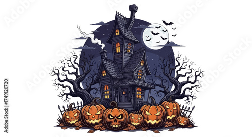 Spooky Halloween Haunted House with Pumpkins and Bats Under a Full Moon A Scary Night