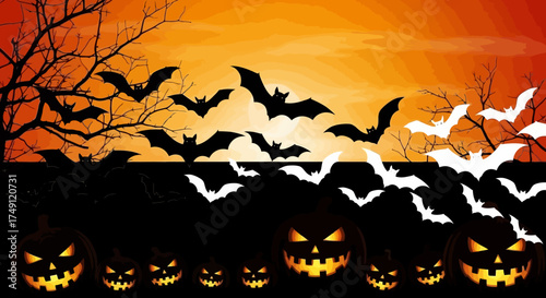 Ominous jack-o'-lanterns grinning in the dark as a colony of bats flies across a fiery orange Halloween sky with spooky trees