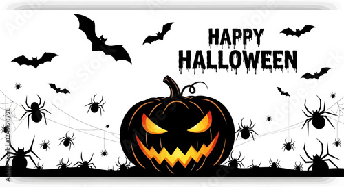 Spooky Halloween Banner with Bats, Spiders, and Glowing Pumpkin