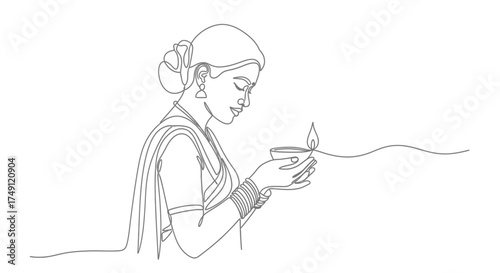 Elegant single line drawing of a woman in traditional attire holding a cup with a delicate steam rising