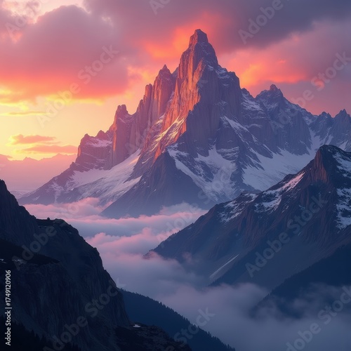 Majestic Mountain Peaks Illuminated by Vibrant Dramatic Sunset Sky Featuring Fiery Orange and Deep Violet Tones