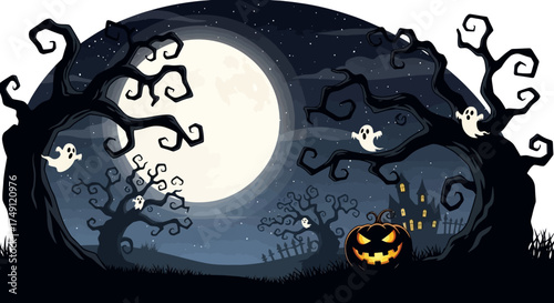 A spooky Halloween night illustration featuring a full moon, haunted trees, floating ghosts, and a glowing jack-o'-lantern