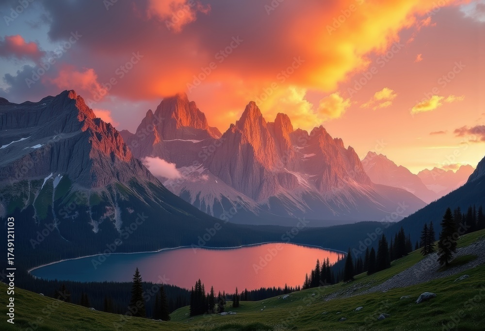 Obraz premium Majestic Mountain Range Awash in Golden Hues of Dramatic Sunset Sky Creating a Breathtaking Natural Canvas