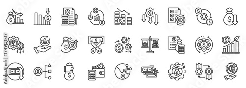 cost reduction icon set collection in outline style. icon pack contain savings, efficiency, cut, reduce, optimize, lower, minimize, control, budget, slash