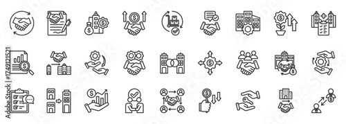 acquisition icon set graphic collection in outline style. icon pack contains acquisition, merger, purchase, takeover, investment, asset, deal, contract, ownership, control