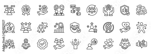 customer satisfaction icon set collection in outline style. icon pack contain loyalty, trust, happiness, feedback, review, service, smile, quality, experience, approval