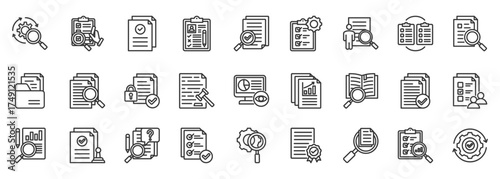 due diligence icon set collection in outline style. icon pack contain audit, review, verify, check, assess, analyze, inspect, evaluate, confirm, investigate