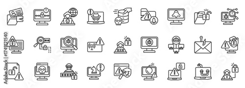 data breach icon set collection in outline style. icon pack contain leak, hack, breach, malware, spyware, intrusion, phishing, ransomware, attack, theft