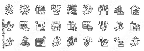 employee benefits icon set collection in outline style. icon pack contain healthcare, insurance, bonus, retirement, wellness, leave, vacation, pension, reward, flexibility