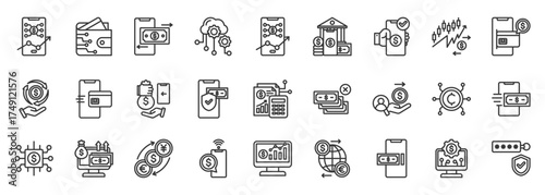 fintech icon set collection in outline style. icon pack contain payment, wallet, crypto, transfer, mobile, banking, token, ledger, invest, credit