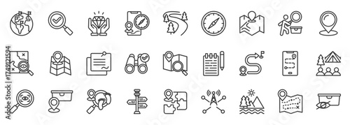 geocaching icon set collection in outline style. icon pack contain treasure, cache, gps, map, compass, hunt, search, find, adventure, clue