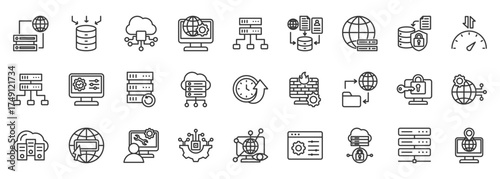 web hosting icon set collection in outline style. icon pack contain server, domain, cloud, host, data, bandwidth, secure, storage, uptime, backup
