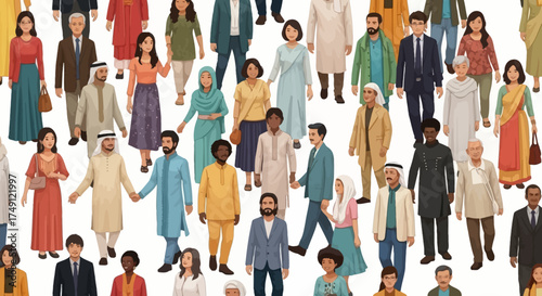 Seamless pattern of diverse multiethnic crowd representing global community and cultural harmony, white background