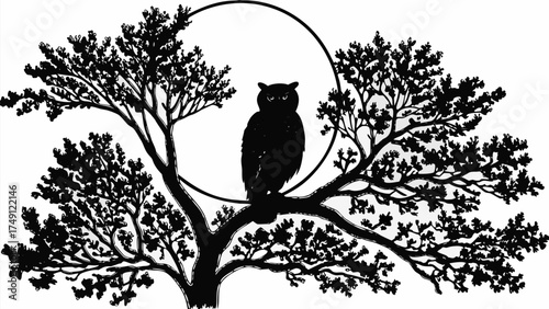 Mysterious owl silhouette perched on a tree branch against a full moon dreamy nature illustration