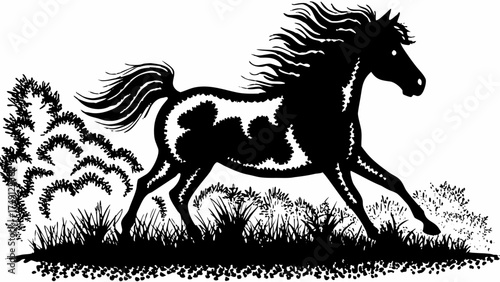 Majestic horse gallops freely through grassy fields in dynamic black and white design