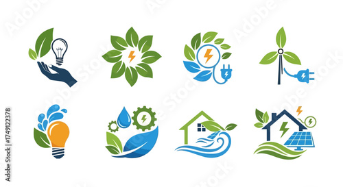Vector set of eco energy logos featuring leaves and electrical symbols, white background