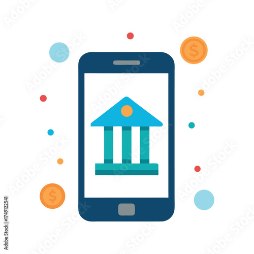 Mobile banking concept with bank building icon coins and floating circles Keywords: mobile banking, smartphone, bank, building, icon, finance