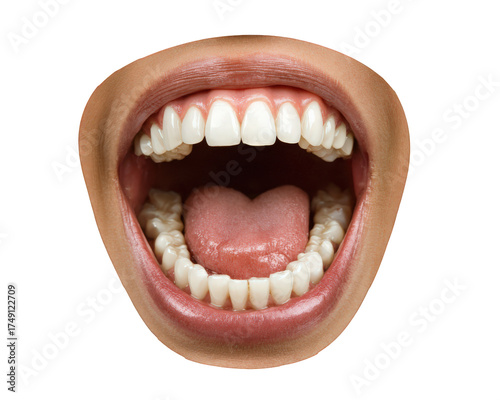 Open mouth teeth tongue lips human isolated transparency background dental oral health emotion