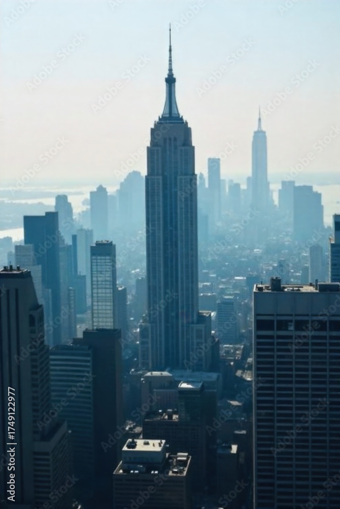 Fototapeta premium Fog rolling through a cityscape, obscuring buildings and creating a mysterious atmosphere. A city skyline enveloped in dense, rolling fog. Only the upper sections of towering skyscrapers are visible,