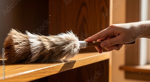 Household cleaning, woman dusting shelf with feather duster indoors