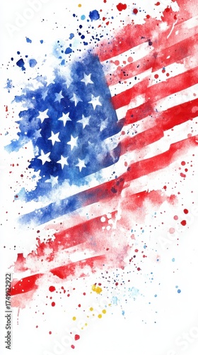 Abstract american flag watercolor art with stars and stripes in red, white, blue. Independence Day