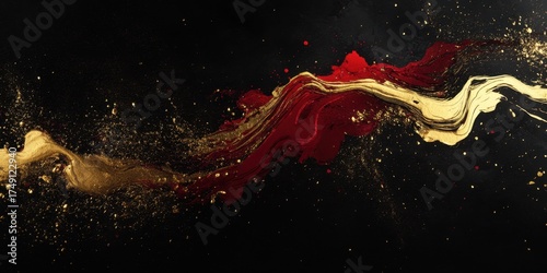 Dynamic abstract art with gold and red paint on black background
