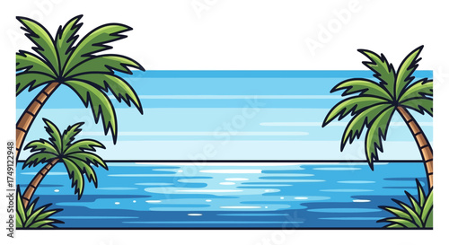 Vector illustration of a tropical beach with palm trees, sea, and sky, white background