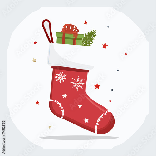 Red Christmas stocking filled with gifts and pine sprig, decorated with snowflakes and stars. Perfect festive design for cards, ads, and seasonal decorations.