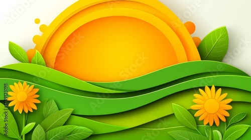 A vibrant vector illustration of a yellow flower like a sunflower or daisy with green leaves on a white and colorful abstract background