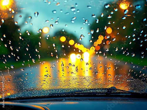 Rainy drive adventure urban street photography evening atmosphere close-up view capturing the beauty of rain