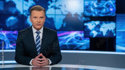 News anchor in a suit delivering news in front of a world map background